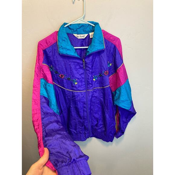Vintage 80's Two Twenty Floral Embroidered Bright 80's Nylon Windbreaker Large - Picture 4 of 8